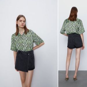 NWT Zara Denim Wrap Style Skort Shorts Black Denim Small